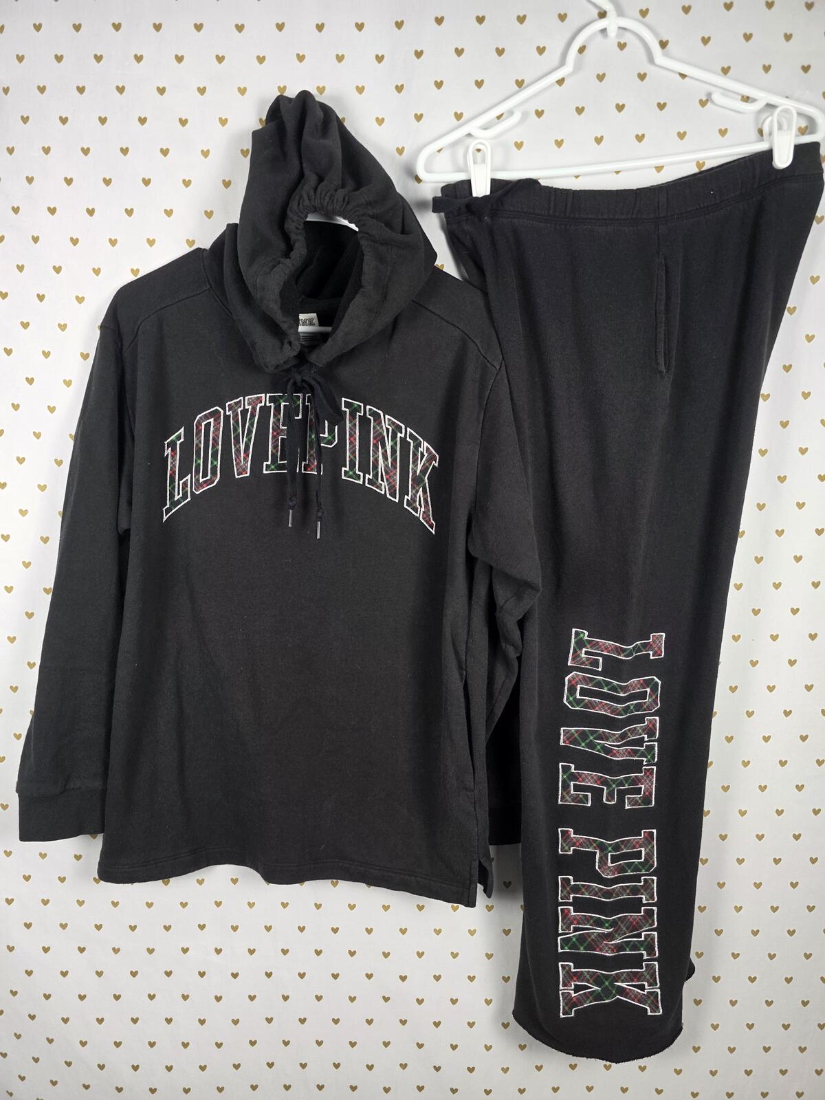 Victorias Secret Pink Embroidered Logo Plaid Sweats & Hoodie SET Outfit 2pc S M