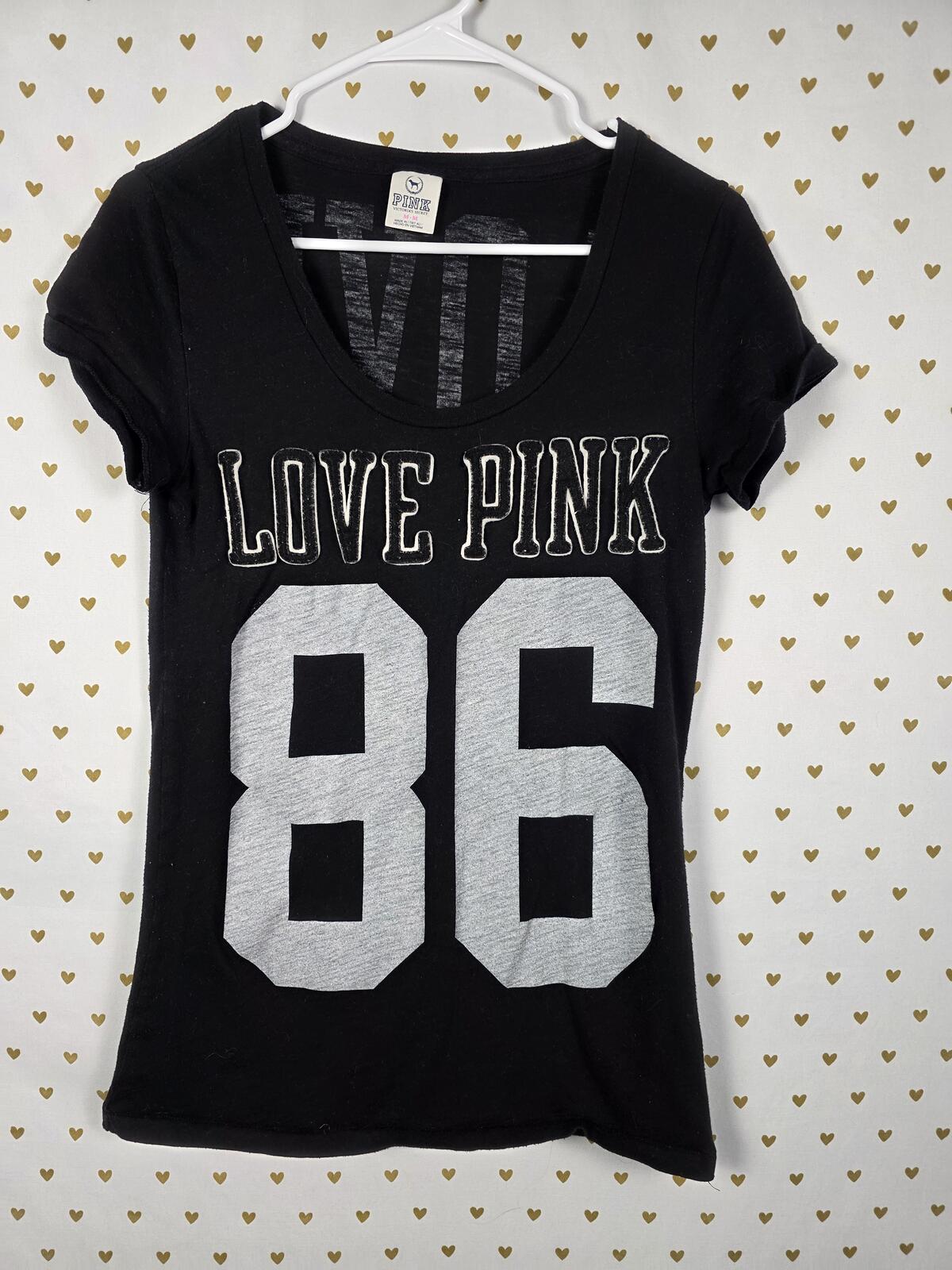 Victorias Secret PINK VINTAGE Y2k Embroidered 86 Black Tee Shirt MEDIUM