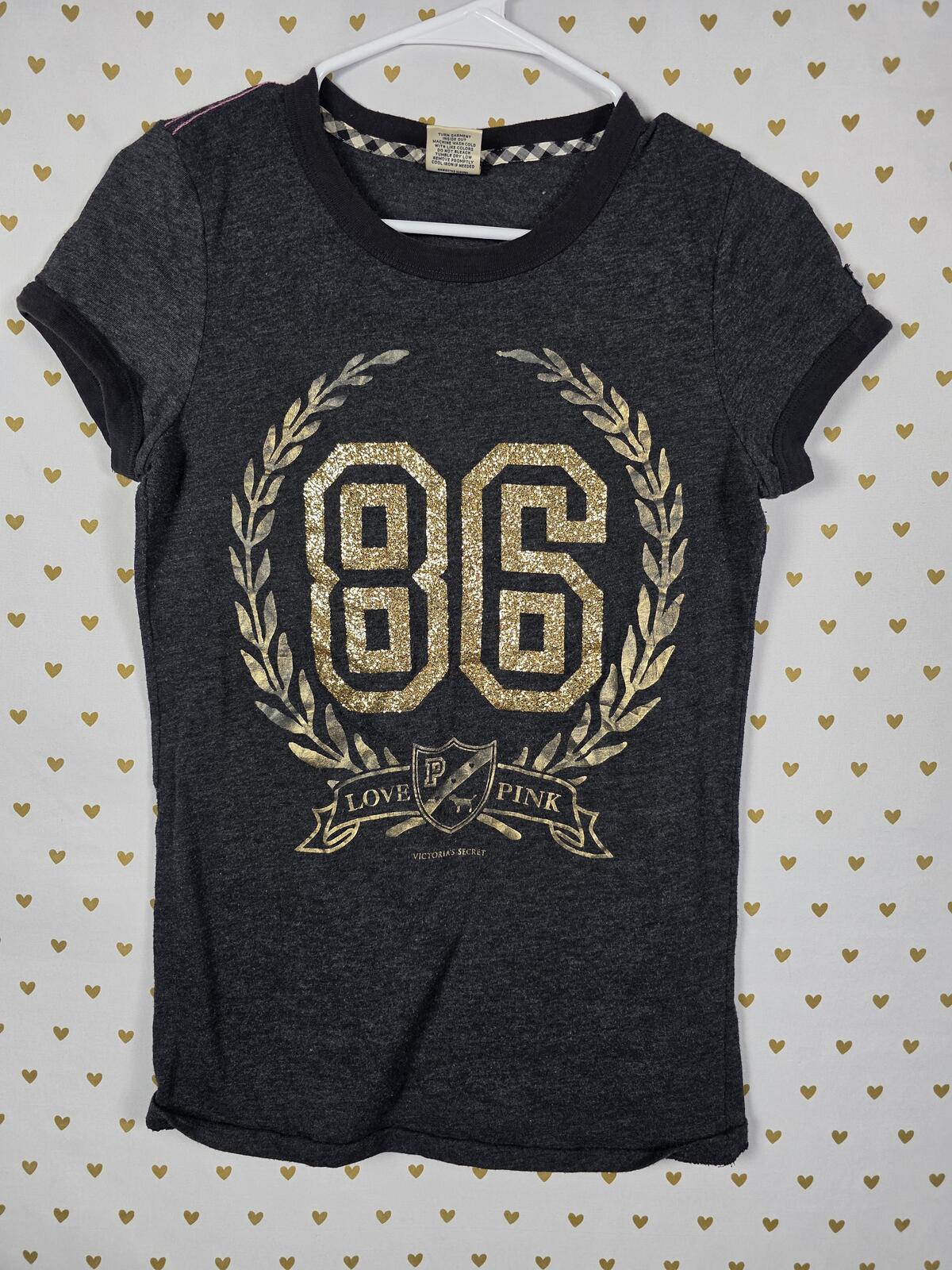 Victorias Secret PINK GLITTER BLING Gold Crest 86 Vintage Y2k Tee shirt MEDIUM