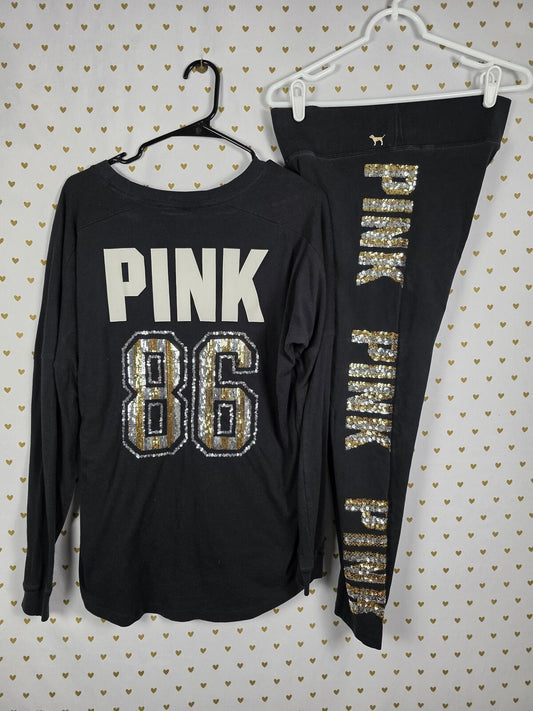 Victorias Secret PINK BLING Tee Shirt Sequined Leggings Yoga SET 2pc OUTFIT Med