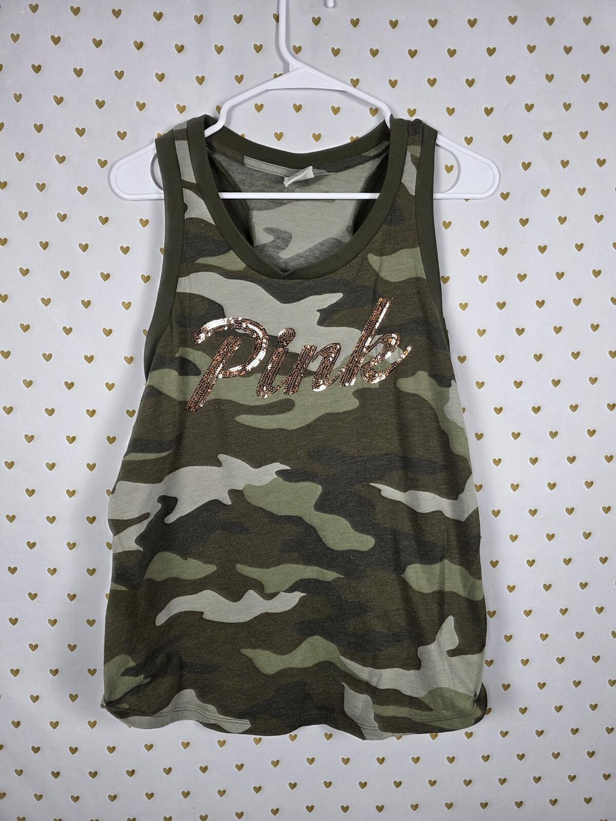 Victorias Secret PINK Camo Camouflage BLING Gold Tank Top Green MEDIUM