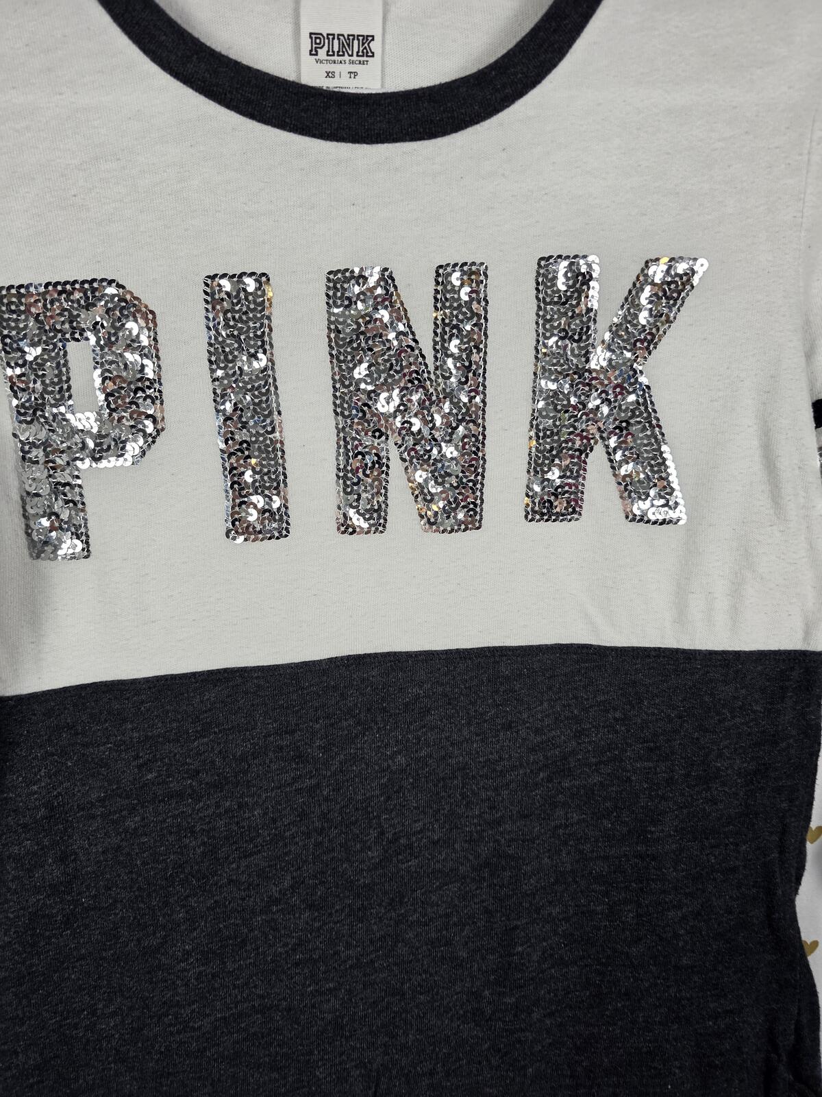 Victorias Secret PINK BLING Logo Colorblock Tee shirt XS Sequined