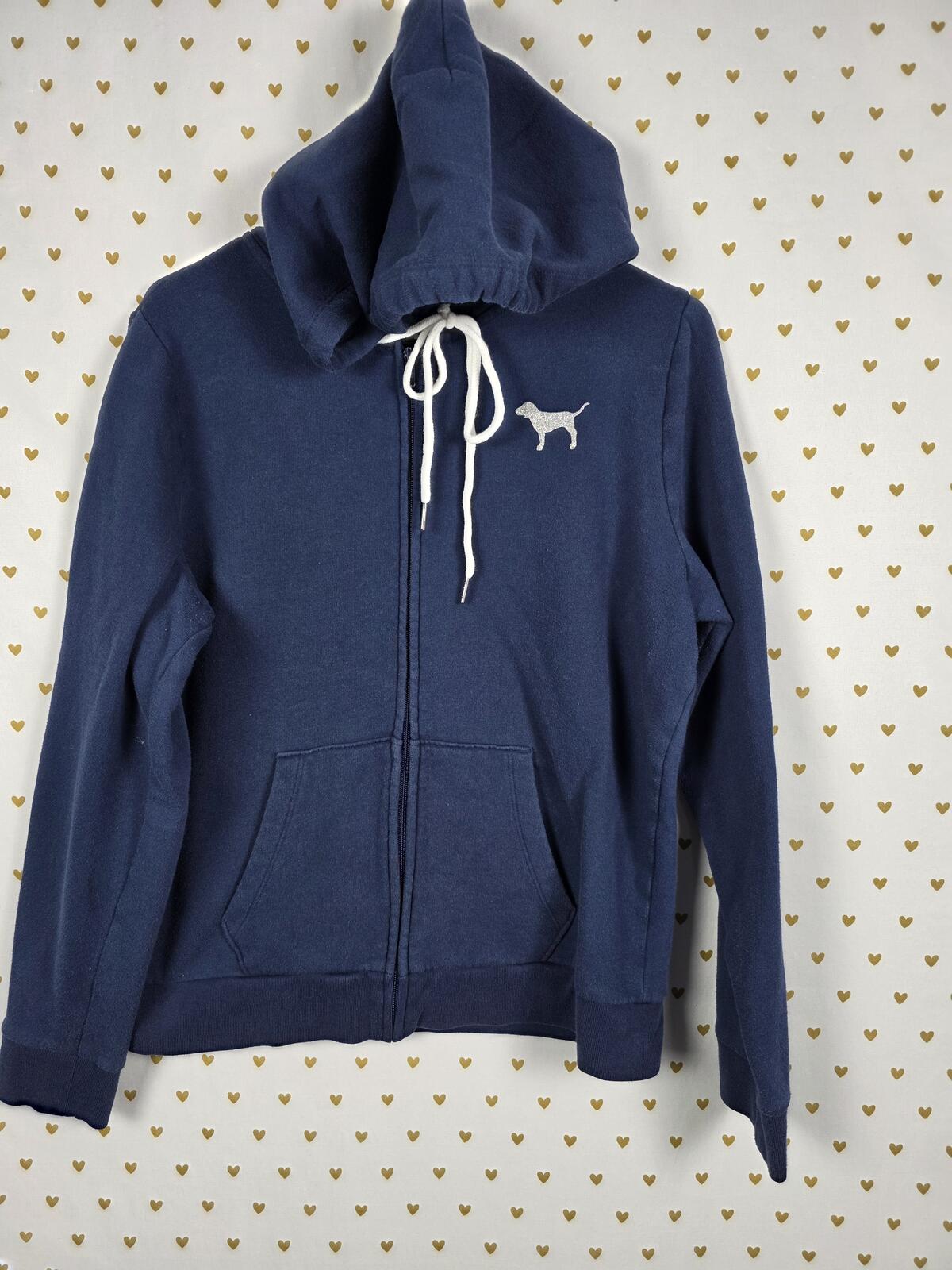 Victorias Secret Pink Blue Glitter BLING Full Zip Hoodie Jacket LARGE