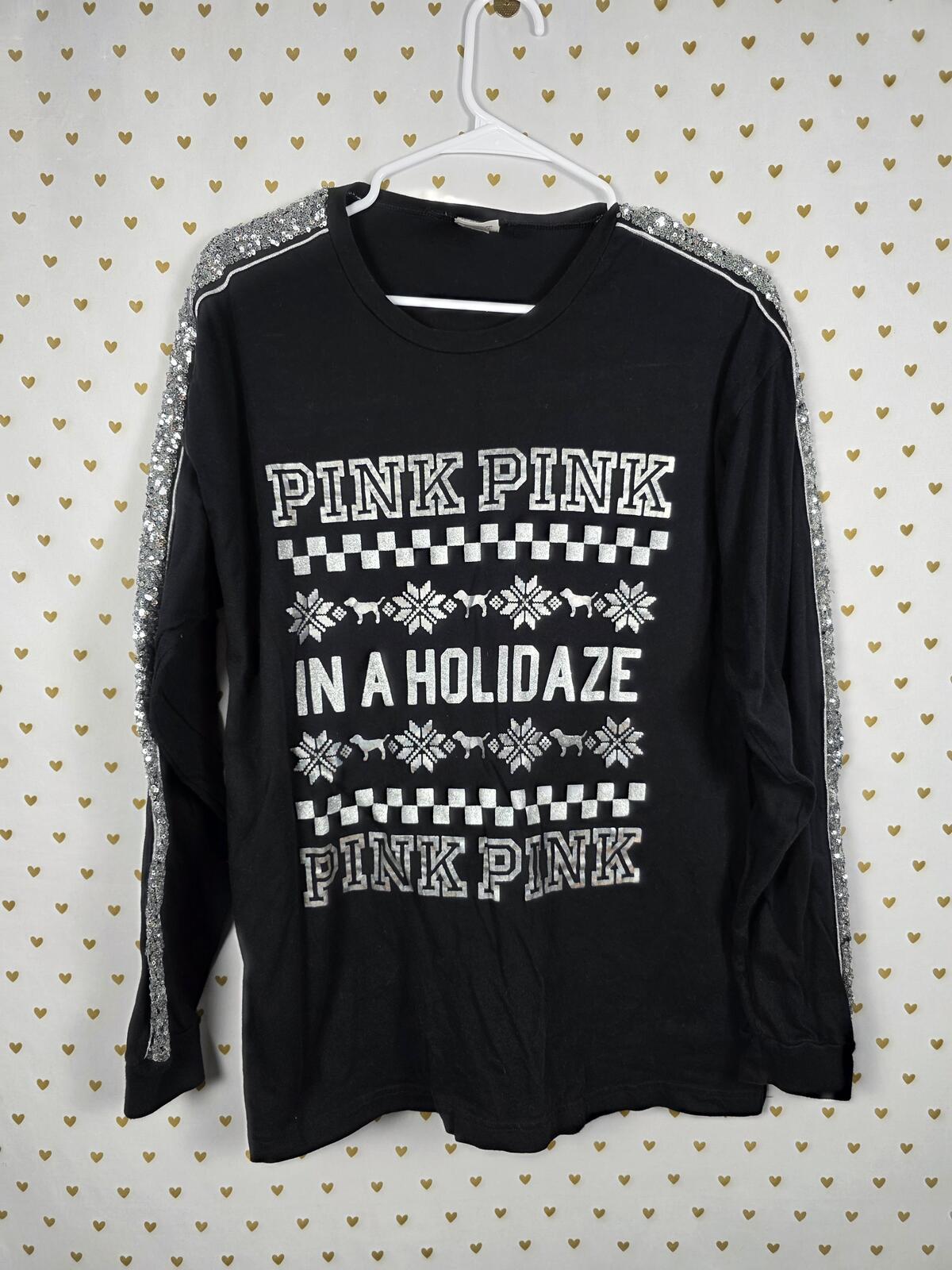 Victorias Secret PINK BLING HTF In a HOLIDAZE Sequined Long Sleeve Tee Shirt L