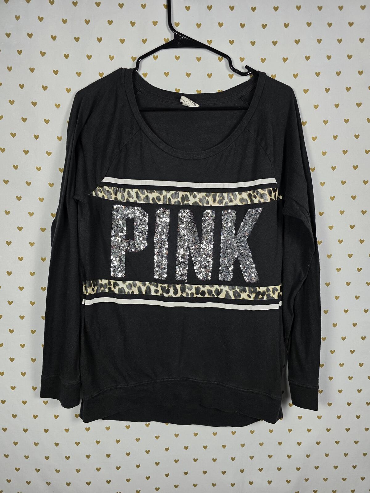 Victorias Secret PINK BLING Leopard Cheetah Logo Sequined Long Sleeve Tee shirt