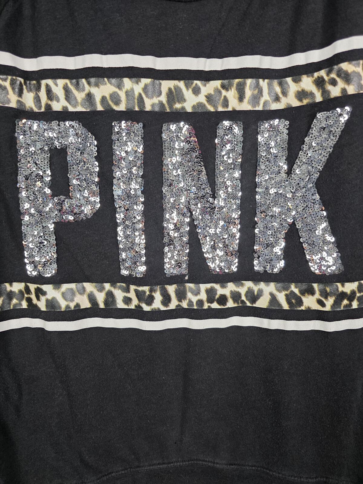 Victorias Secret PINK BLING Leopard Cheetah Logo Sequined Long Sleeve Tee shirt