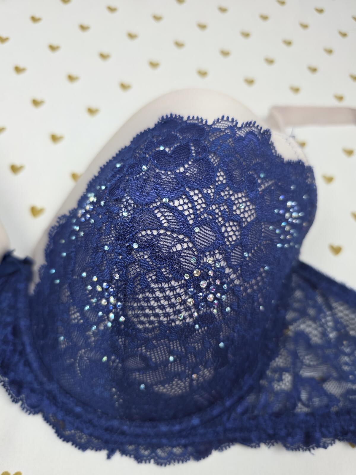 Victorias Secret BLING Blue Studded Lined Demi Balconette Bra 36DDD