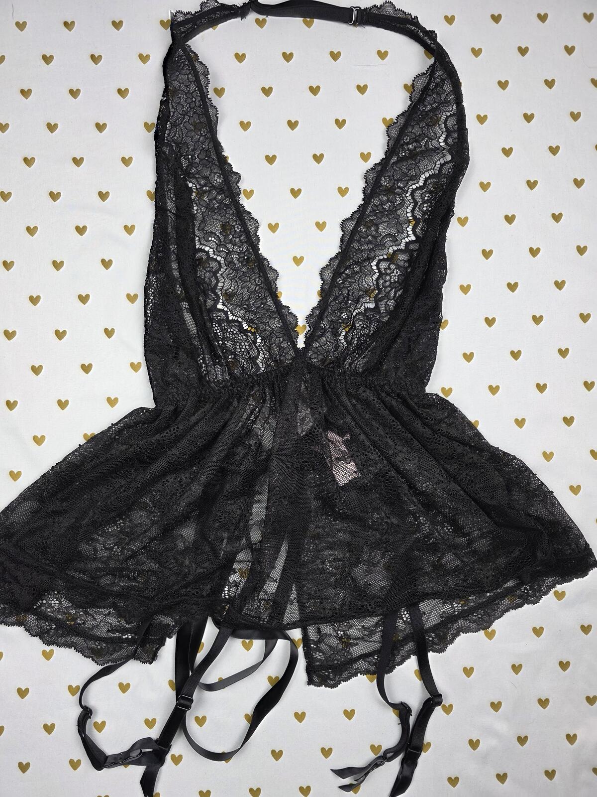 Victorias Secret Sexy Black Lace Halter Nightie Lingerie Garter Skirt SMALL
