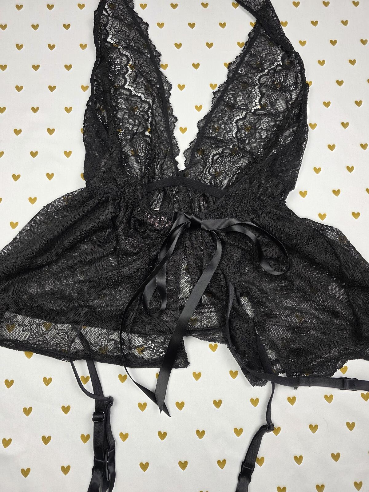 Victorias Secret Sexy Black Lace Halter Nightie Lingerie Garter Skirt SMALL