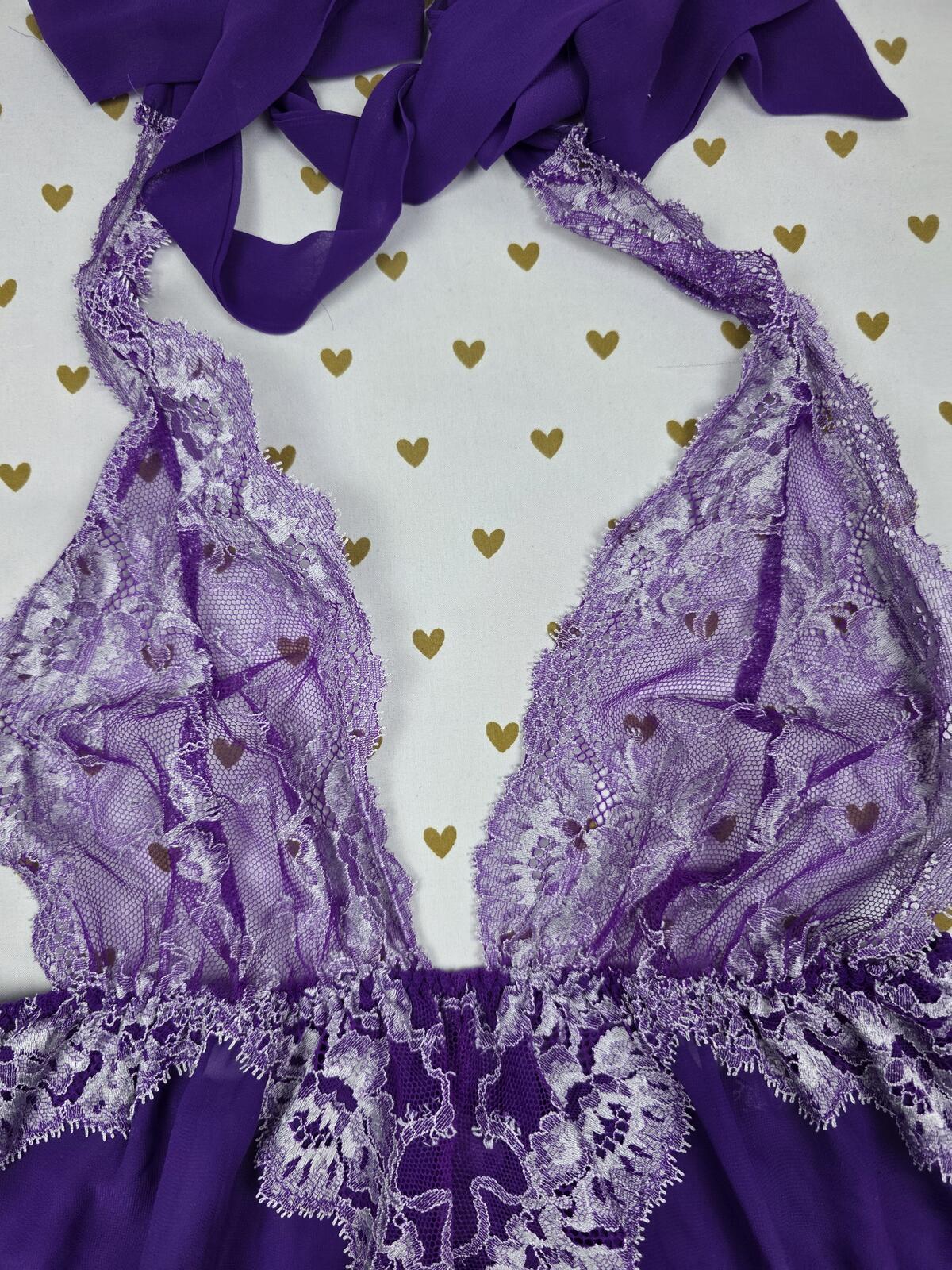 Victorias Secret Purple Lace Halter Sheer Tie Nightie Lingerie Babydoll LARGE