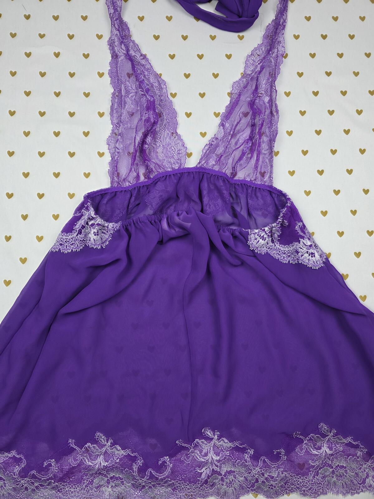 Victorias Secret Purple Lace Halter Sheer Tie Nightie Lingerie Babydoll LARGE