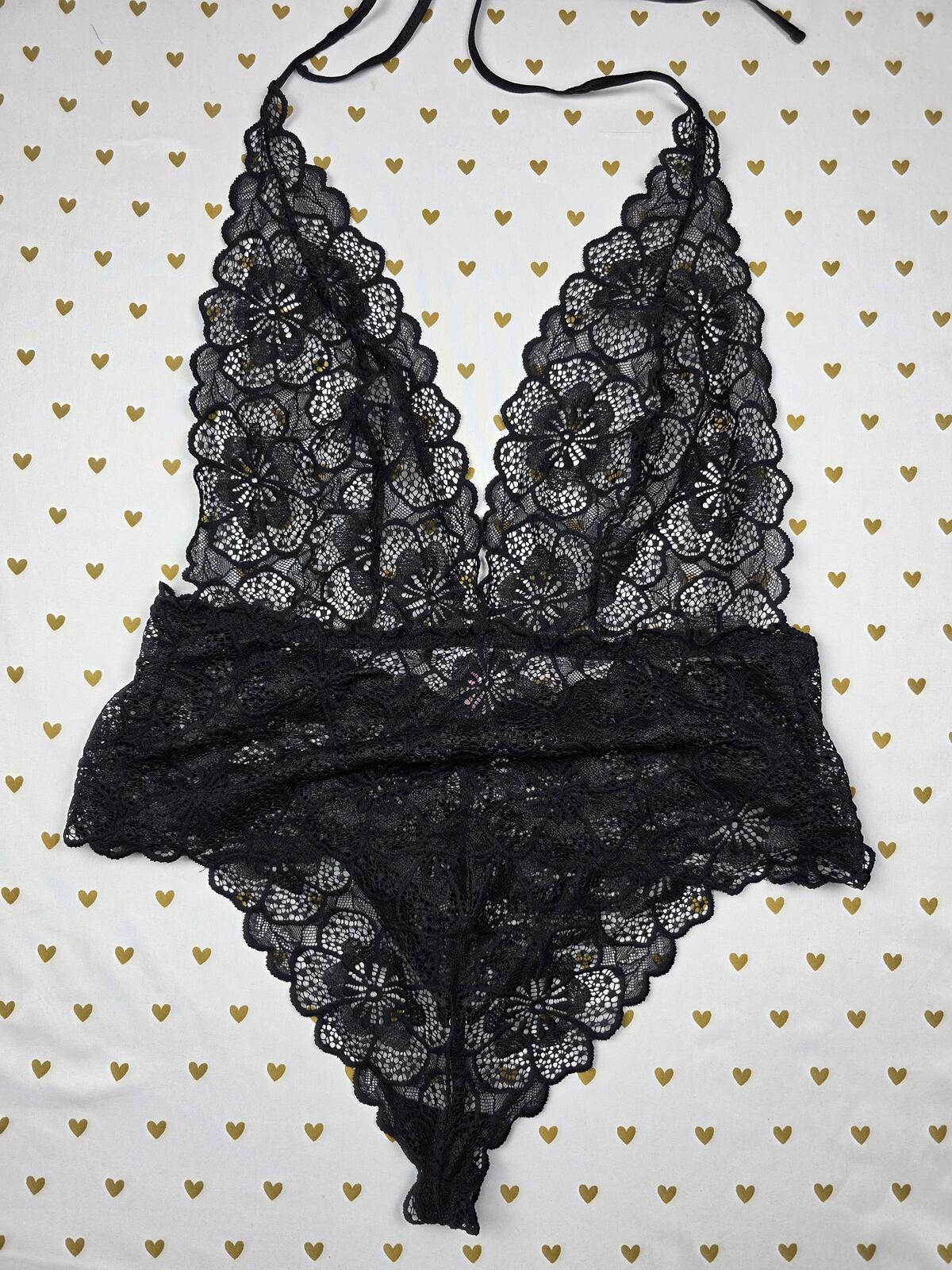 Victorias Secret Sexy Lace Tie Halter Bodysuit Teddy Sheer Black V String Thong