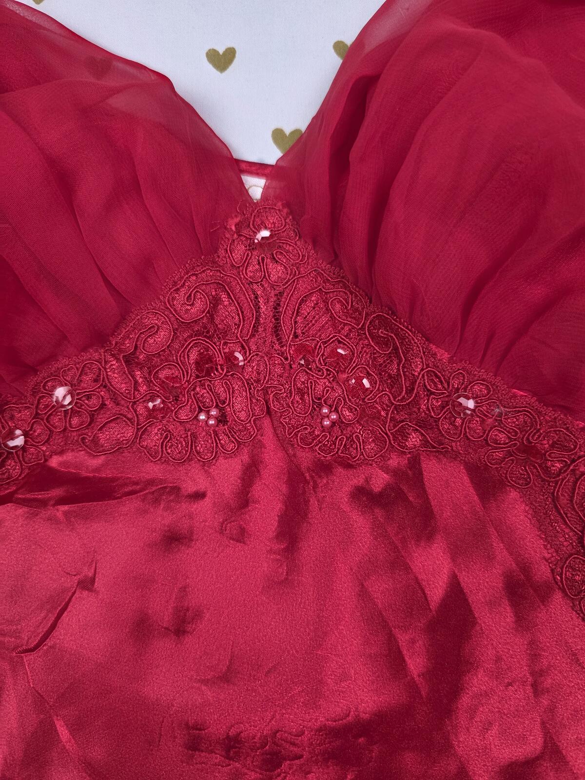 Victorias Secret Vintage GOLD LABEL Red Satin Bling TEDDY Bodysuit Small Ruffled