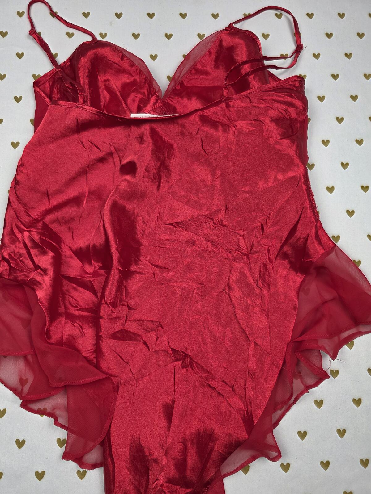 Victorias Secret Vintage GOLD LABEL Red Satin Bling TEDDY Bodysuit Small Ruffled