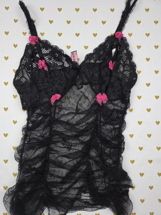 Sexy Little Things Mesh Sheer Babydoll Tank Top Sexy Bows Ruched MEDIUM