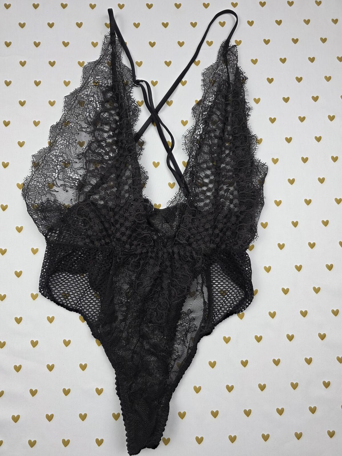 Victorias Secret Black Sheer Strappy Lace Bodysuit Teddy MEDIUM Cheeky Lingerie