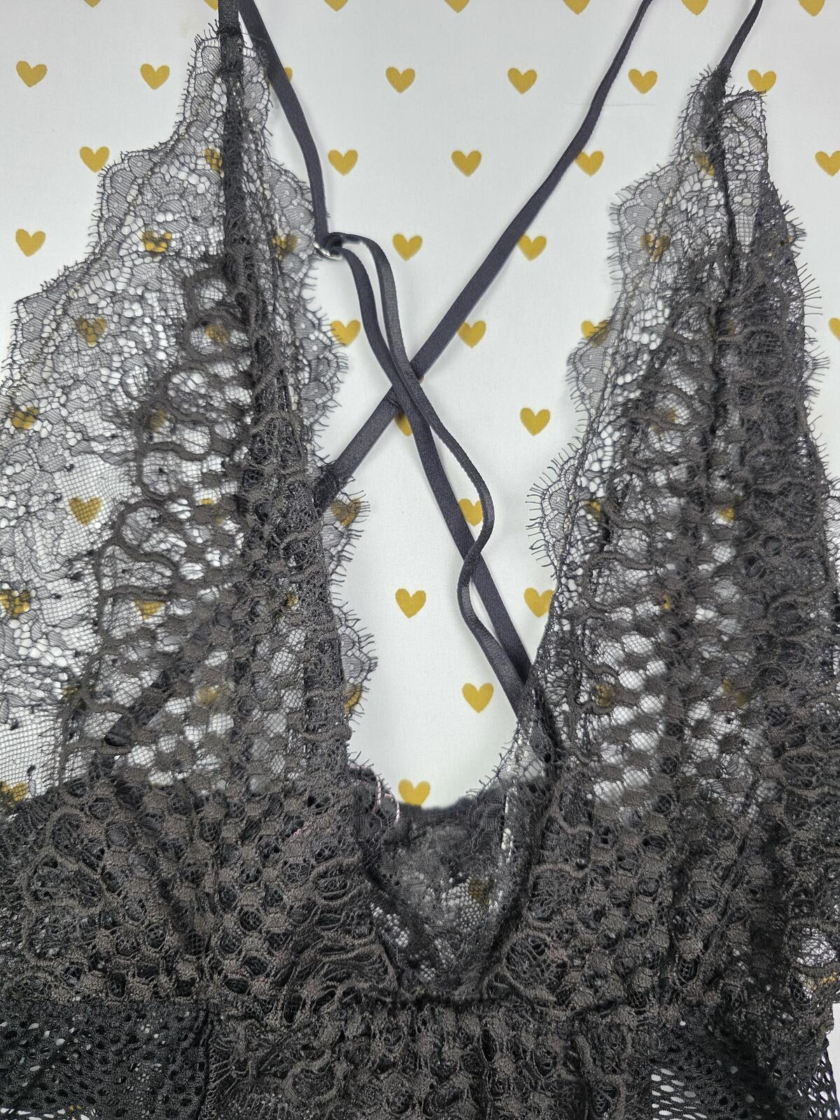 Victorias Secret Black Sheer Strappy Lace Bodysuit Teddy MEDIUM Cheeky Lingerie