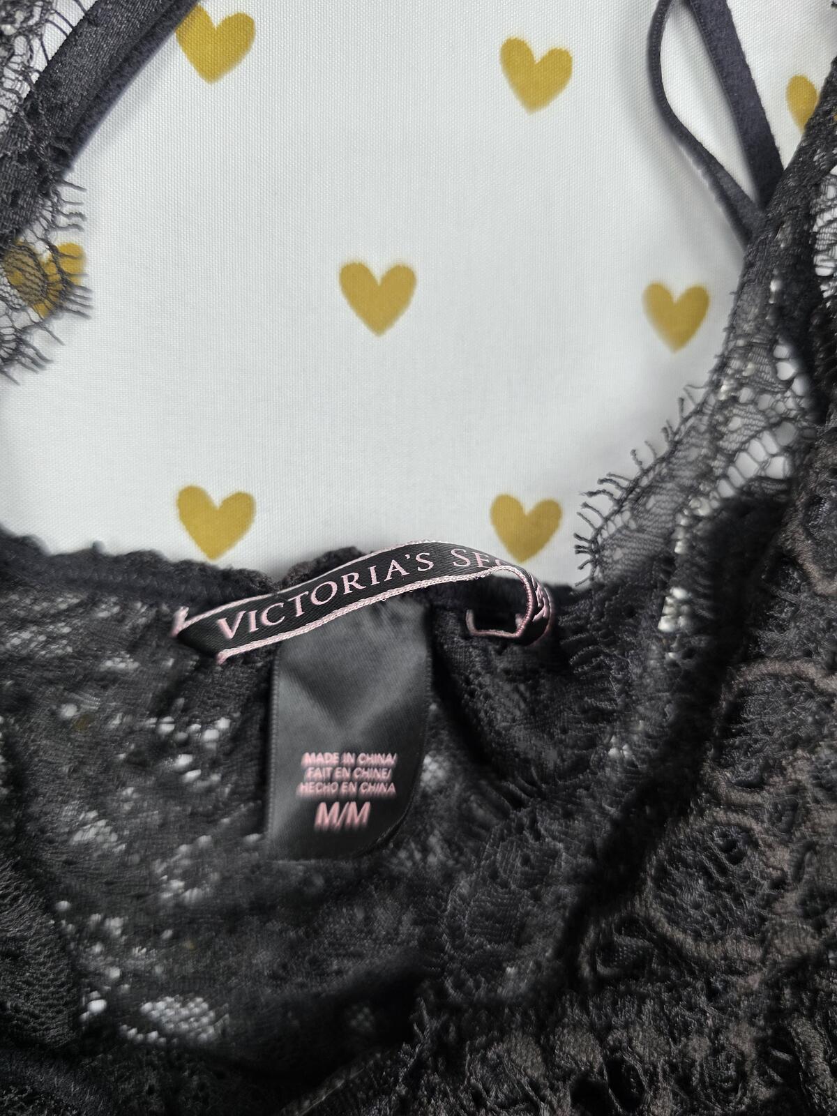 Victorias Secret Black Sheer Strappy Lace Bodysuit Teddy MEDIUM Cheeky Lingerie