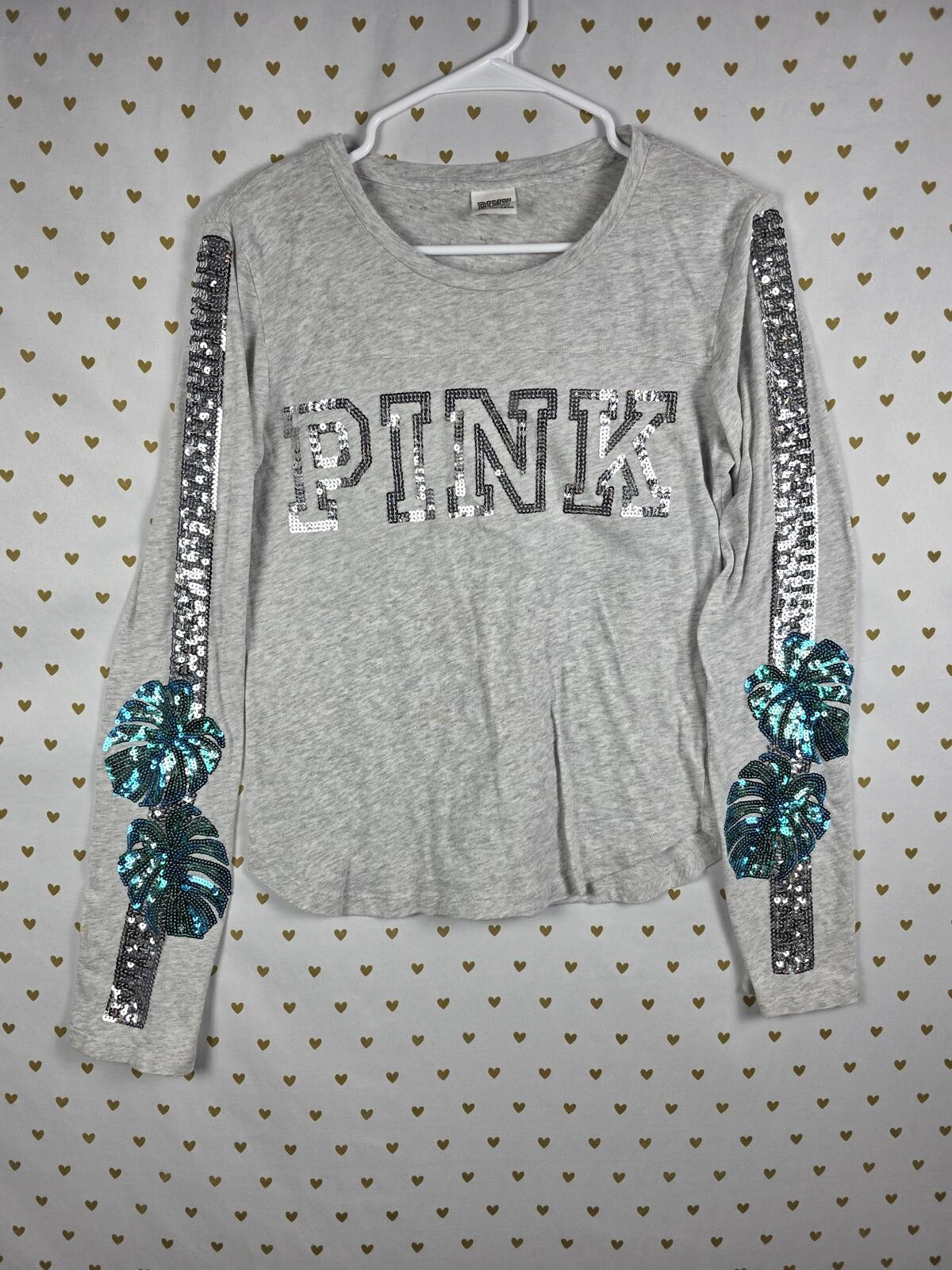 Victorias Secret PINK Rare Palm BLING Sequined Long Sleeve Tee shirt  XS