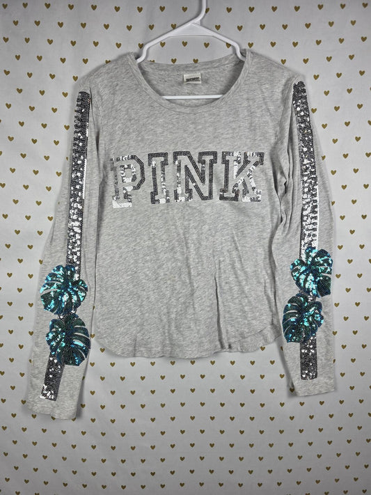 Victorias Secret PINK Rare Palm BLING Sequined Long Sleeve Tee shirt  XS