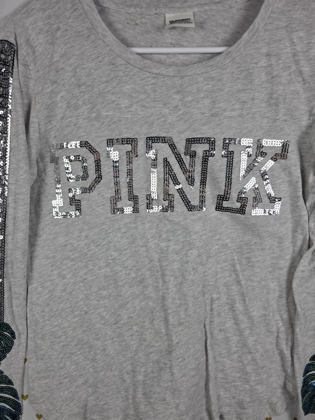 Victorias Secret PINK Rare Palm BLING Sequined Long Sleeve Tee shirt  XS