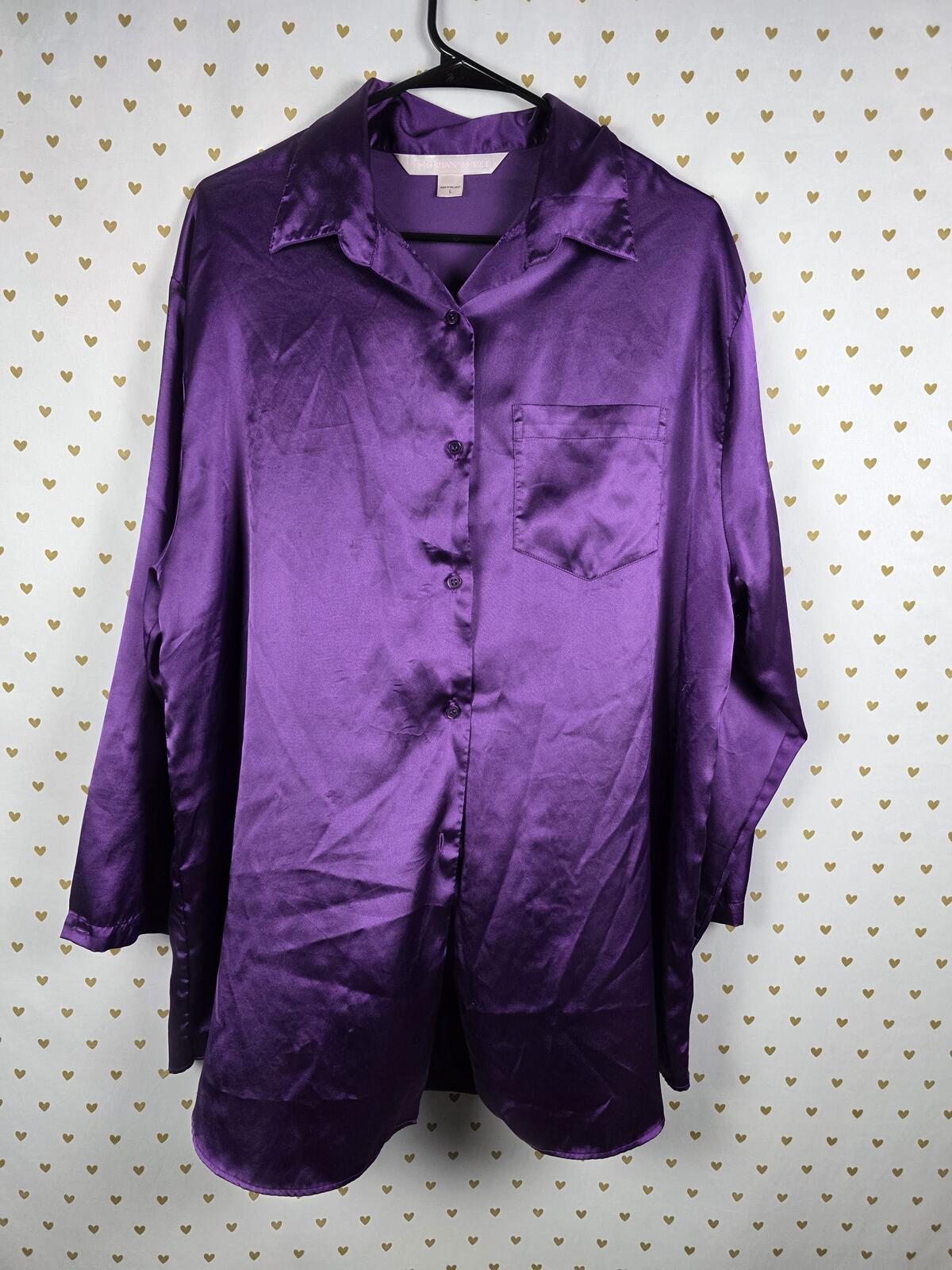 Victorias Secret Large Purple Satin Silky Nightgown Sleep Shirt Long Sleeve