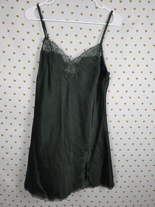 Victorias Secret Medium Bling Dark GREEN Satin Slip Dress Rhinestone Nightie