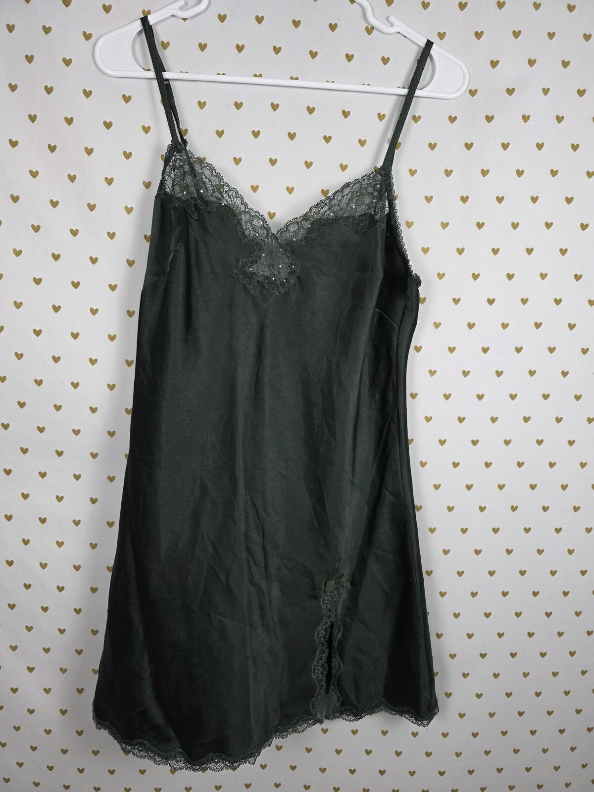 Victorias Secret Medium Bling Dark GREEN Satin Slip Dress Rhinestone Nightie