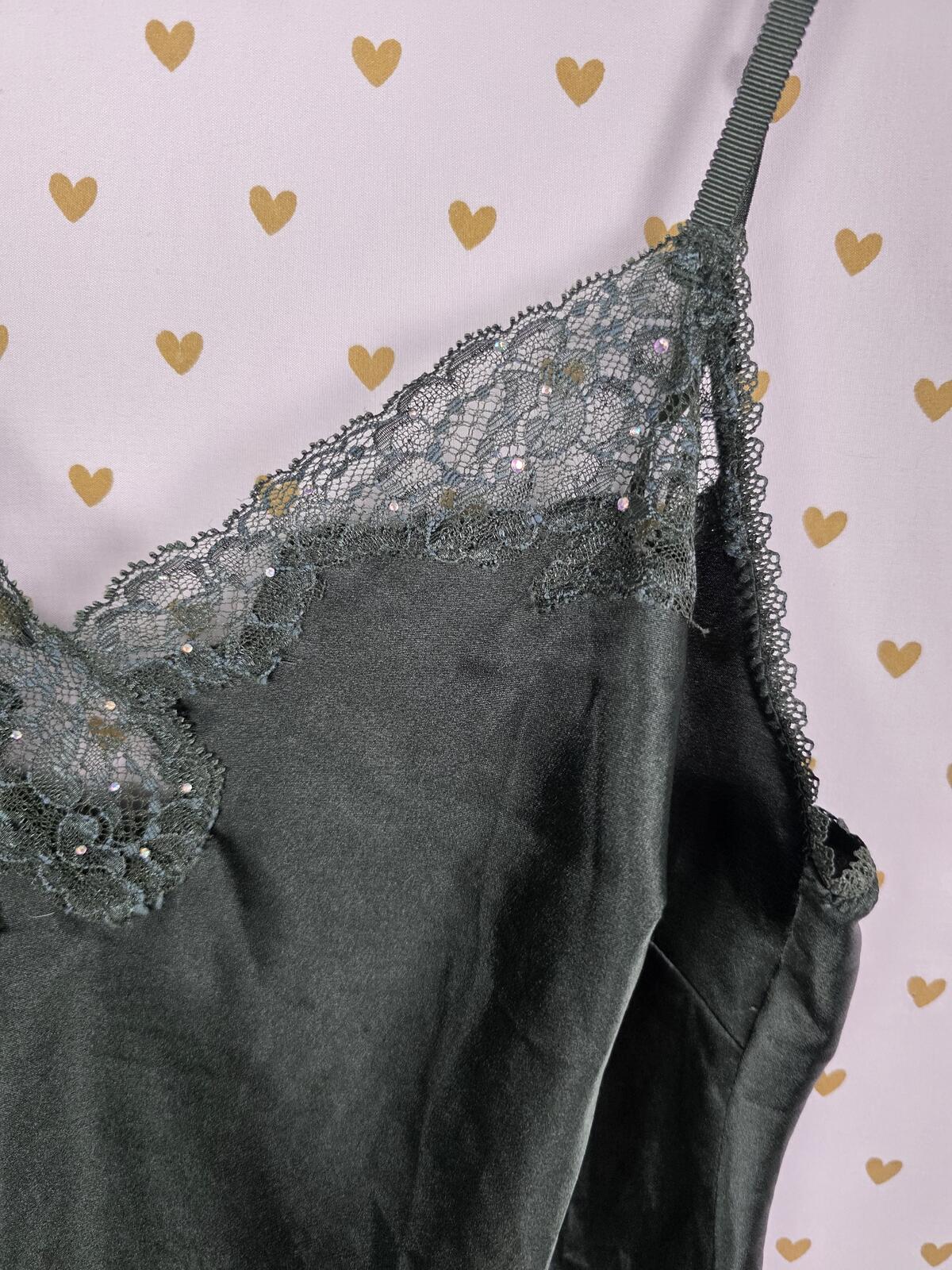 Victorias Secret Medium Bling Dark GREEN Satin Slip Dress Rhinestone Nightie