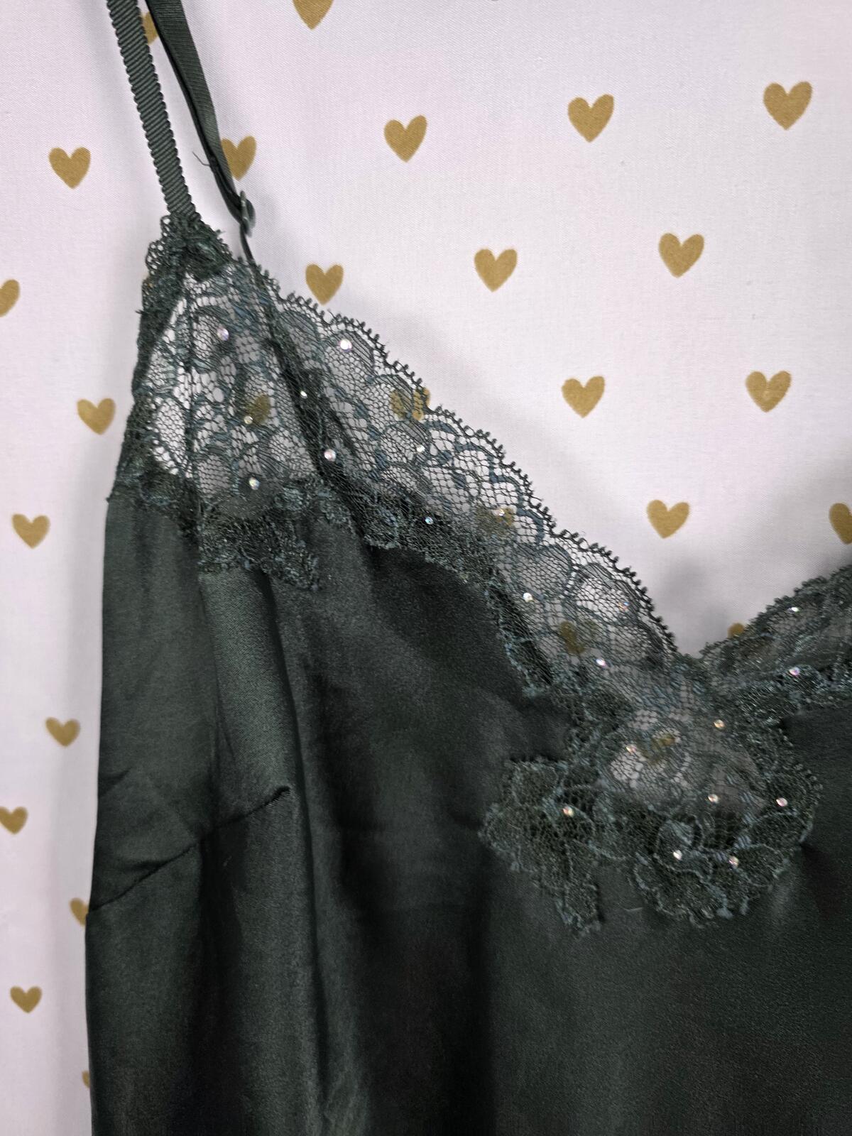 Victorias Secret Medium Bling Dark GREEN Satin Slip Dress Rhinestone Nightie