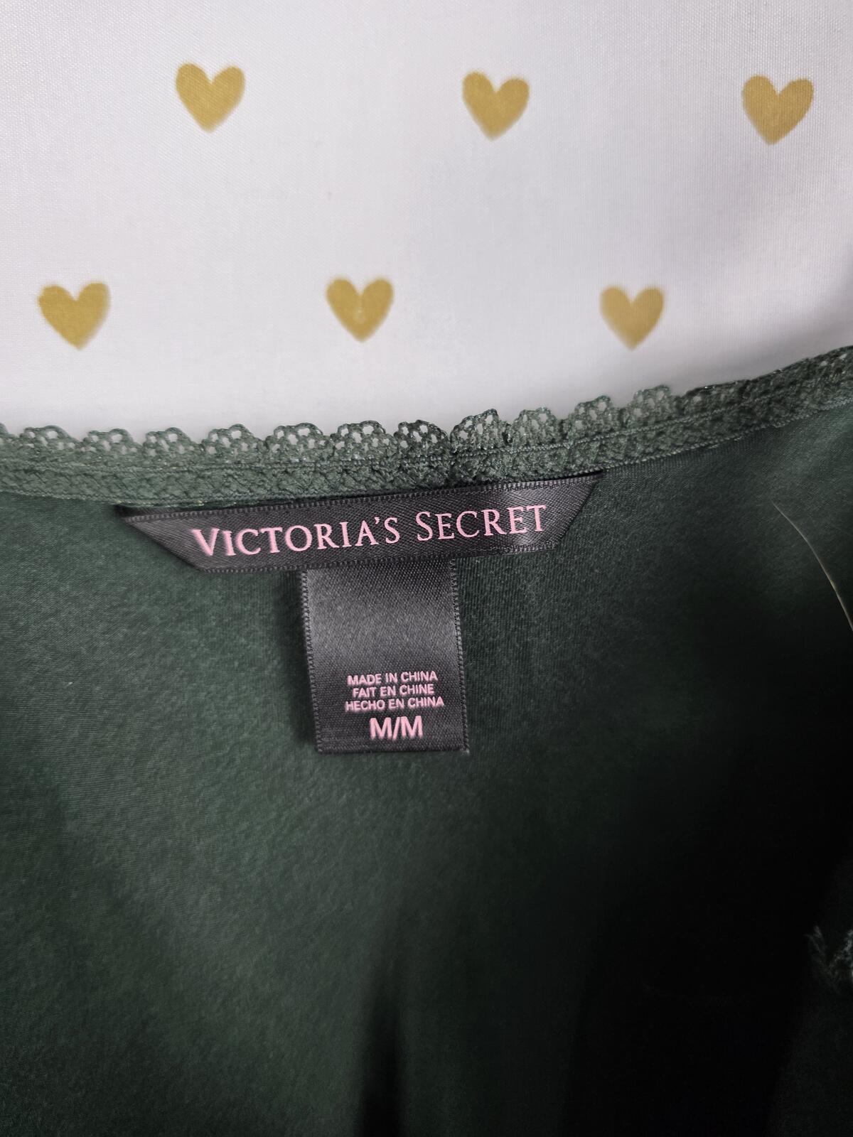 Victorias Secret Medium Bling Dark GREEN Satin Slip Dress Rhinestone Nightie