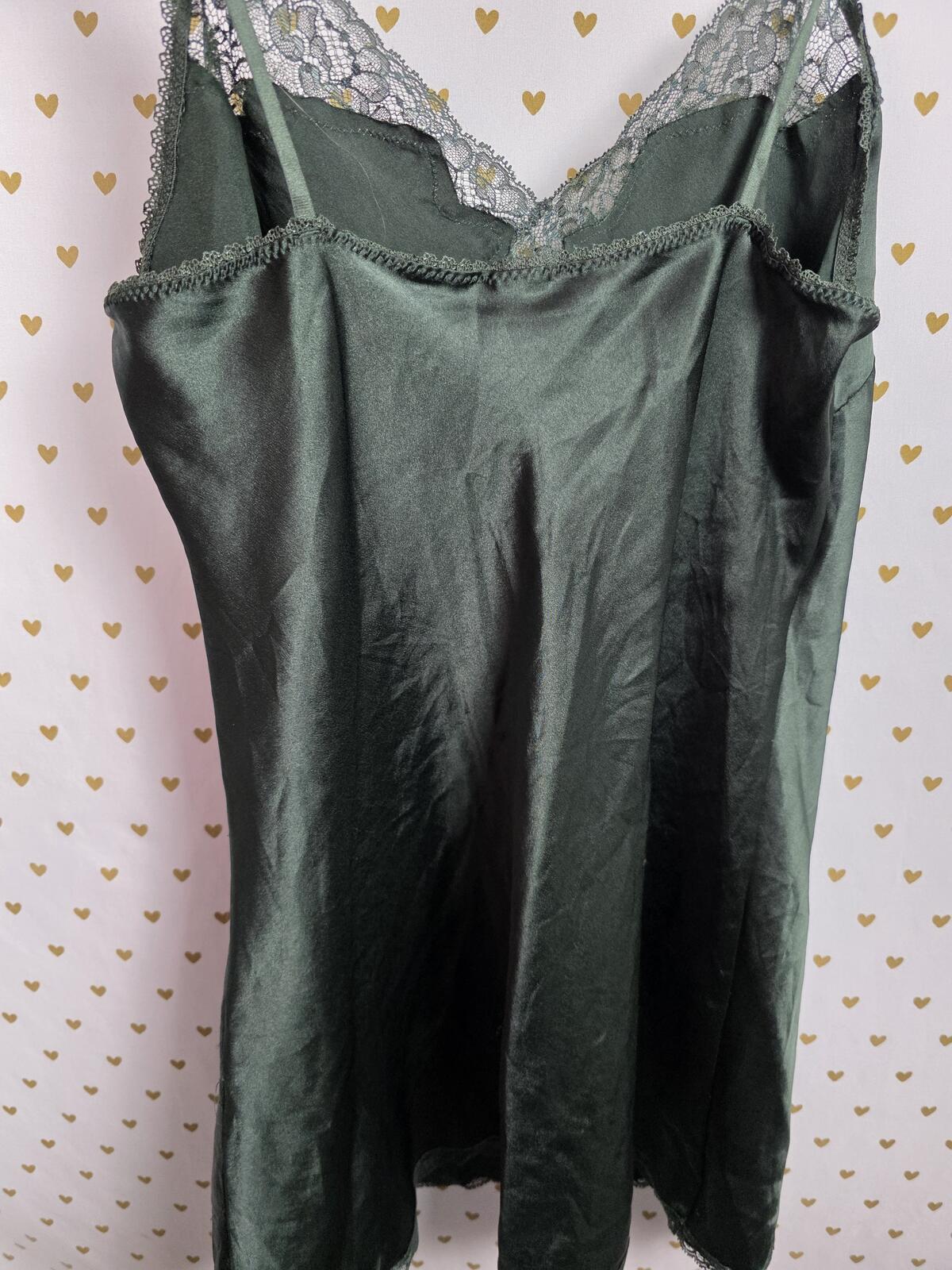 Victorias Secret Medium Bling Dark GREEN Satin Slip Dress Rhinestone Nightie