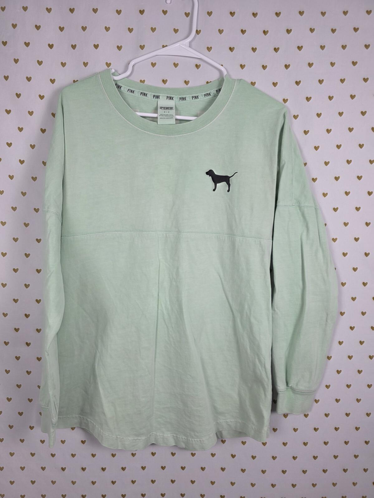 Victorias Secret PINK Oversized Logo Campus Long Sleeve Tee Shirt Mint SMALL