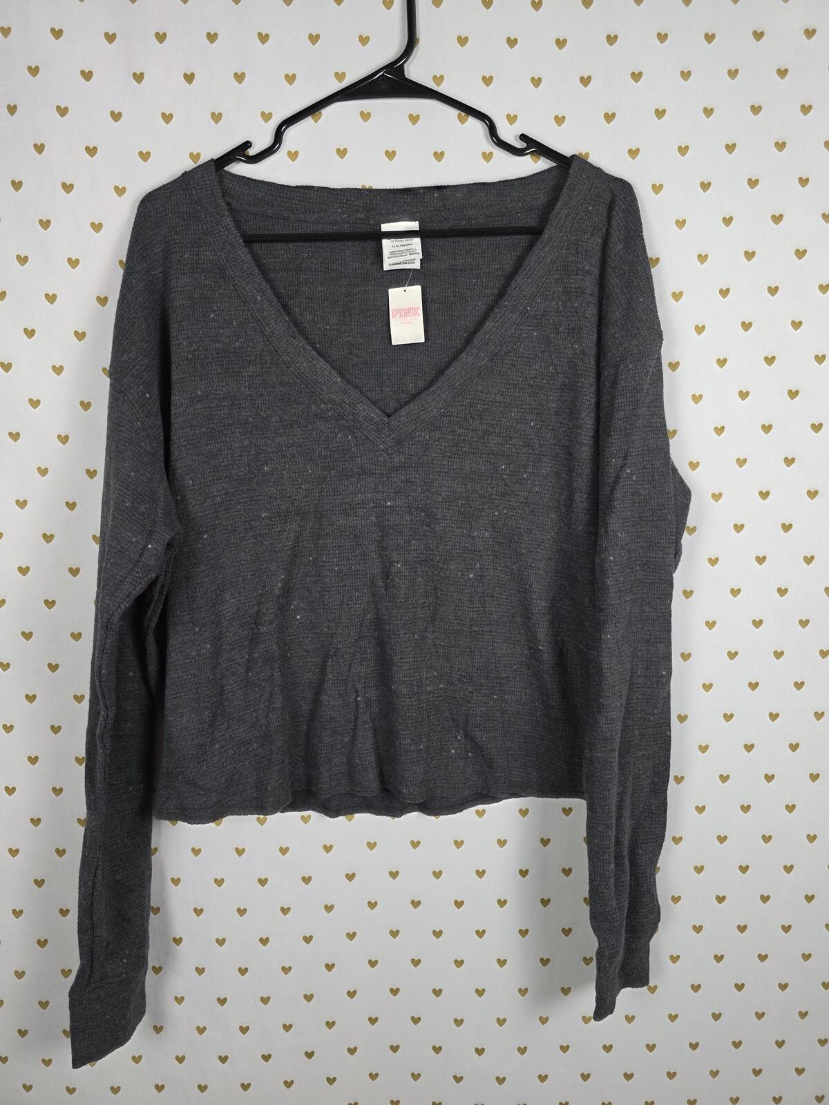 Victorias Secret PINK Waffle Thermal Long Sleeve Grey NEW NWT V neck Shirt L