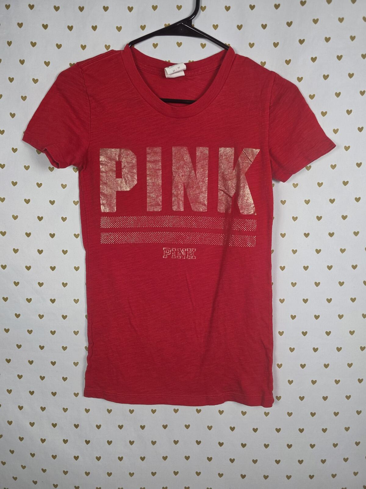 Victorias Secret PINK Red Vintage Style Logo Tee Shirt Gold XS