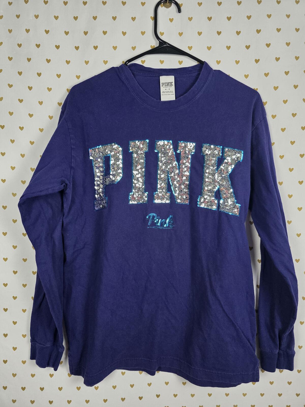 Victorias Secret PINK LONG SLEEVE BLING Sequined Logo Tee Shirt Blue MEDIUM