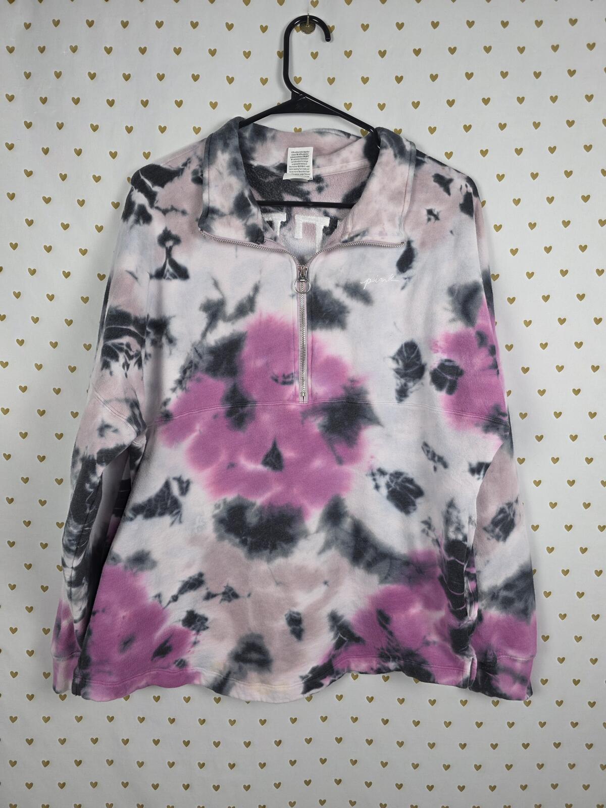 Victorias Secret Pink Oversized Embroidered Tye Dye Quarter ZIp Sweater Shirt M