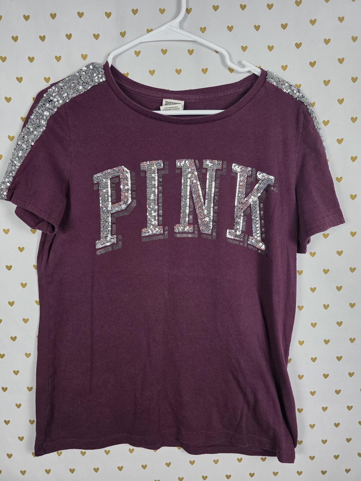 Victorias Secret PINK Maroon Bling Sequined Tee Shirt Logo MEDIUM