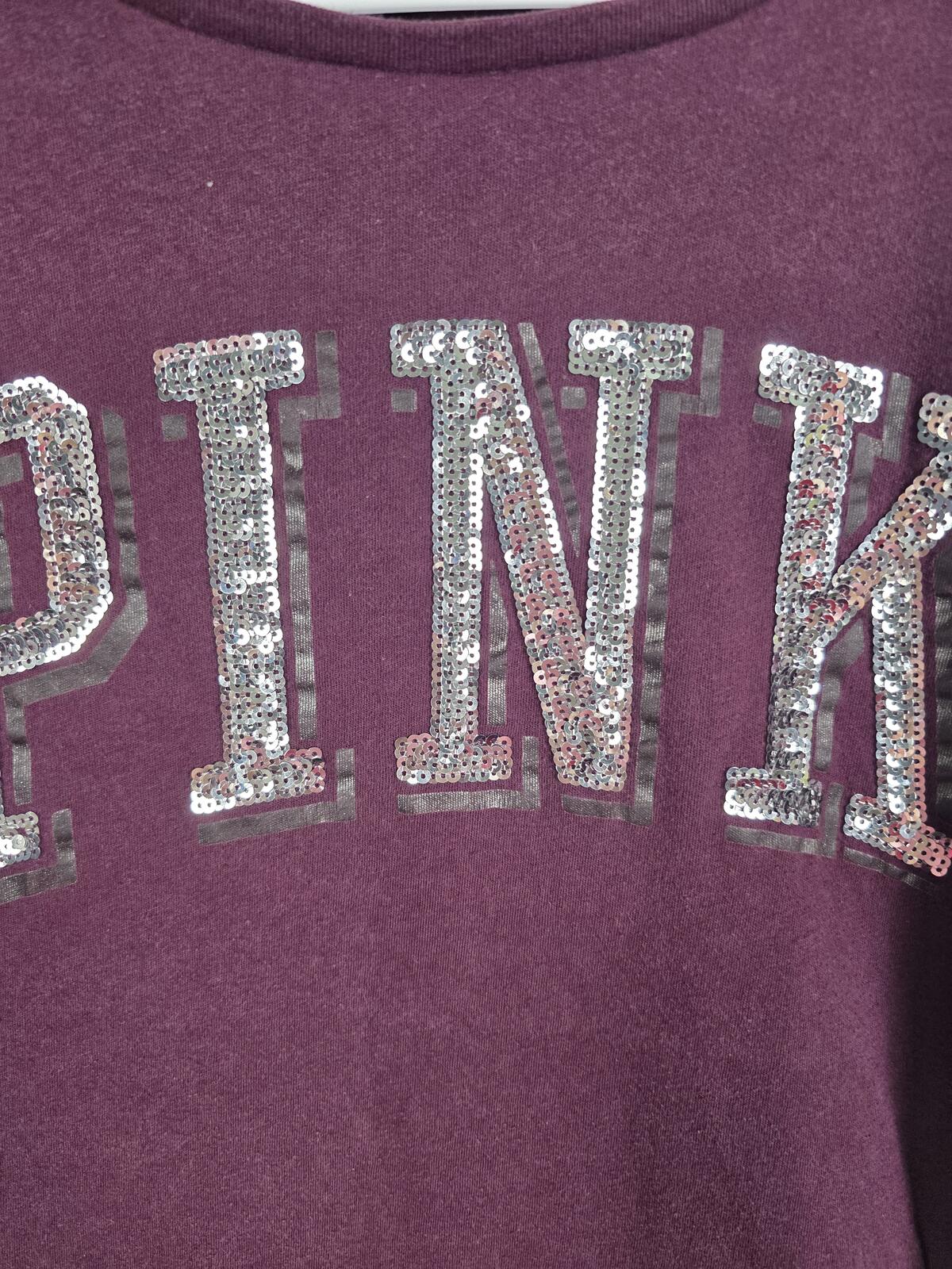 Victorias Secret PINK Maroon Bling Sequined Tee Shirt Logo MEDIUM