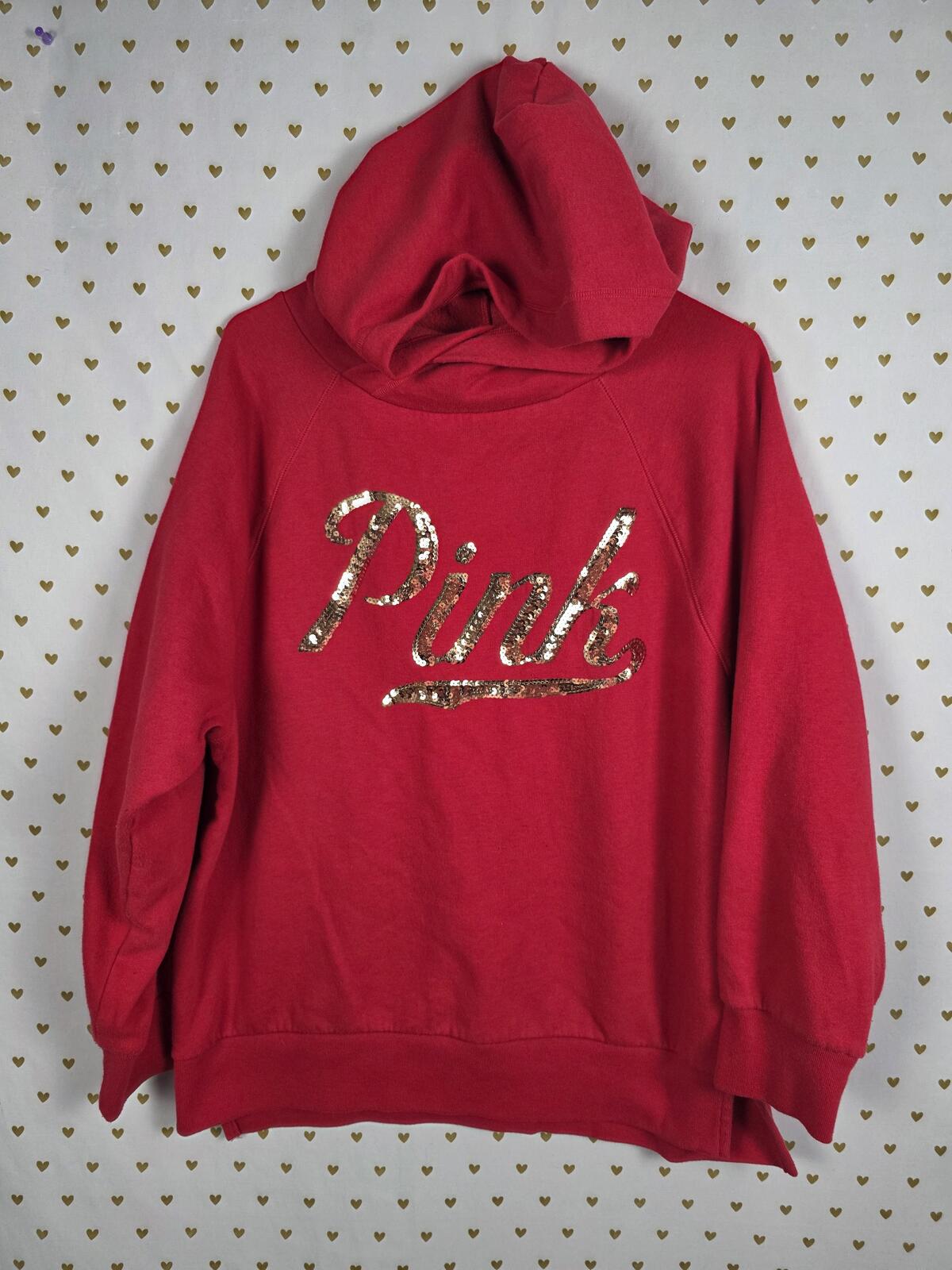 Victorias Secret Pink Red BLING Logo Sequined Pullover Hoodie Sweater Shirt MED