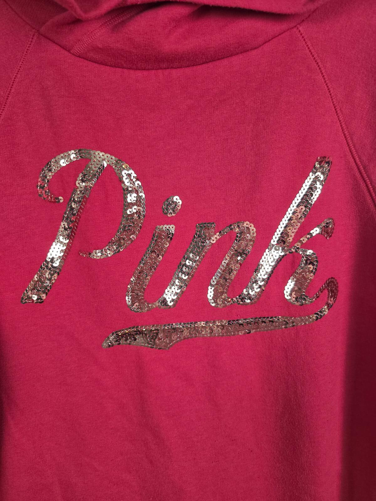 Victorias Secret Pink Red BLING Logo Sequined Pullover Hoodie Sweater Shirt MED