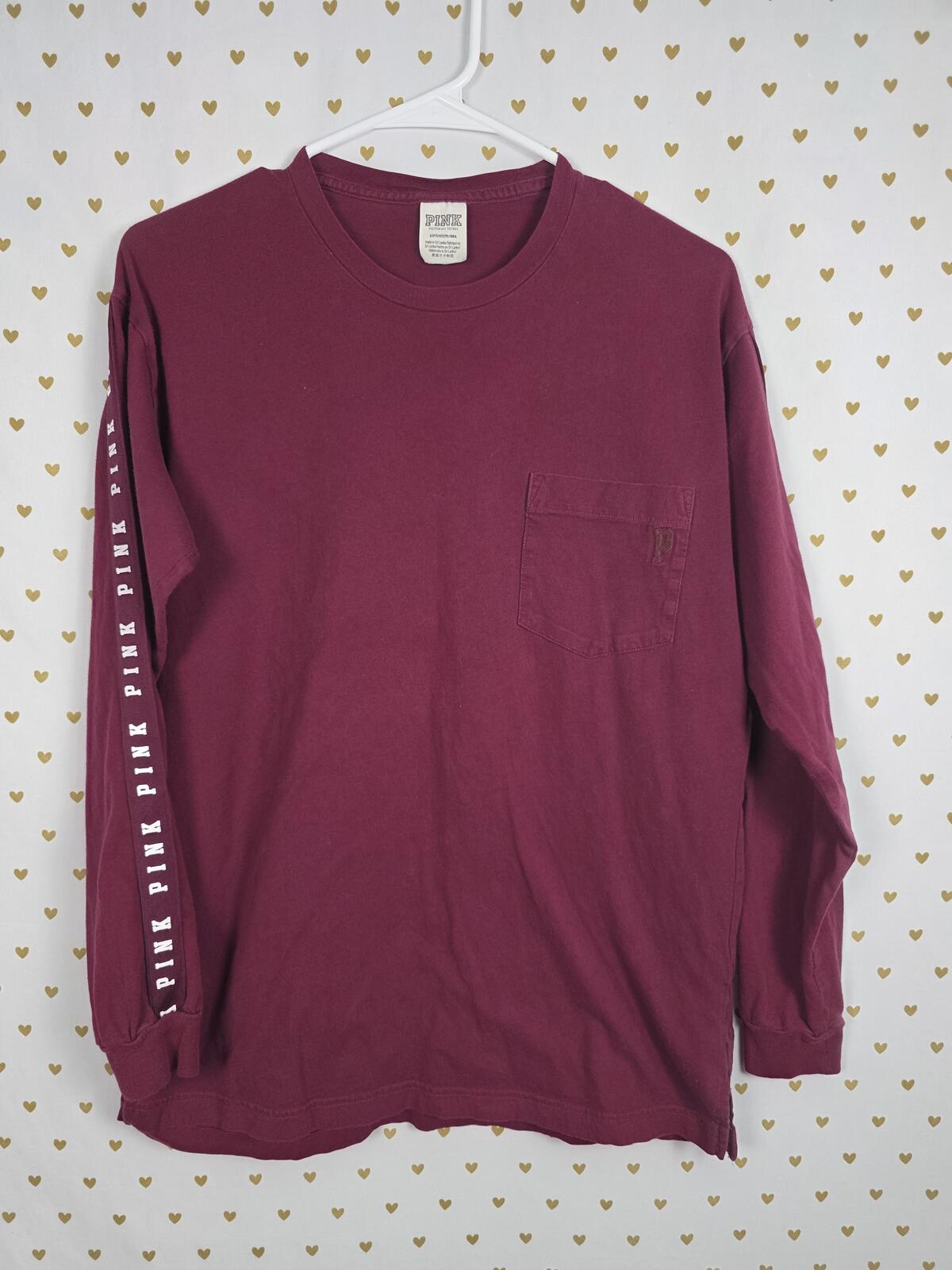 Victorias Secret PINK Dog Logo Campus tee shirt Long Sleeve Maroon Small