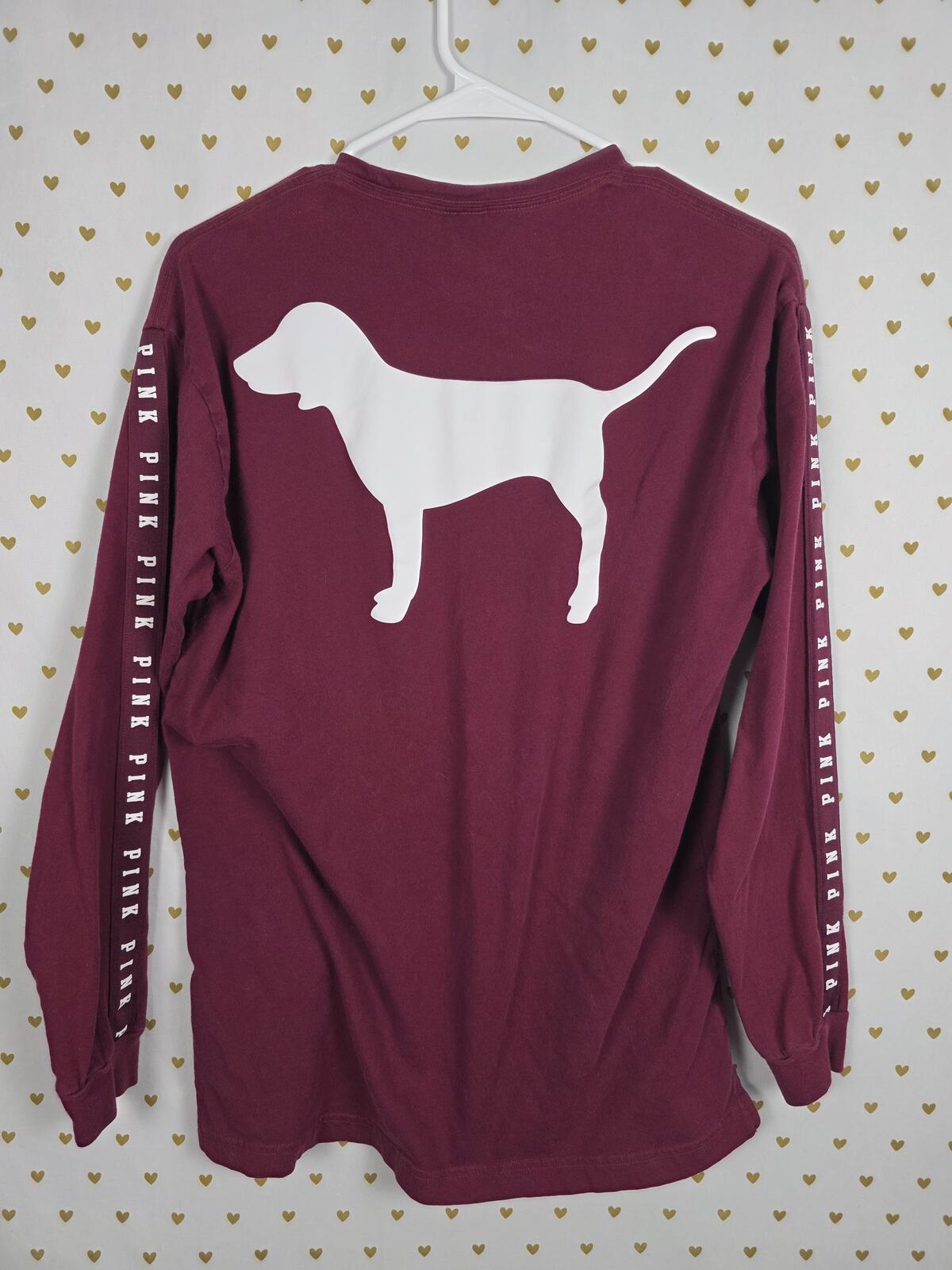Victorias Secret PINK Dog Logo Campus tee shirt Long Sleeve Maroon Small