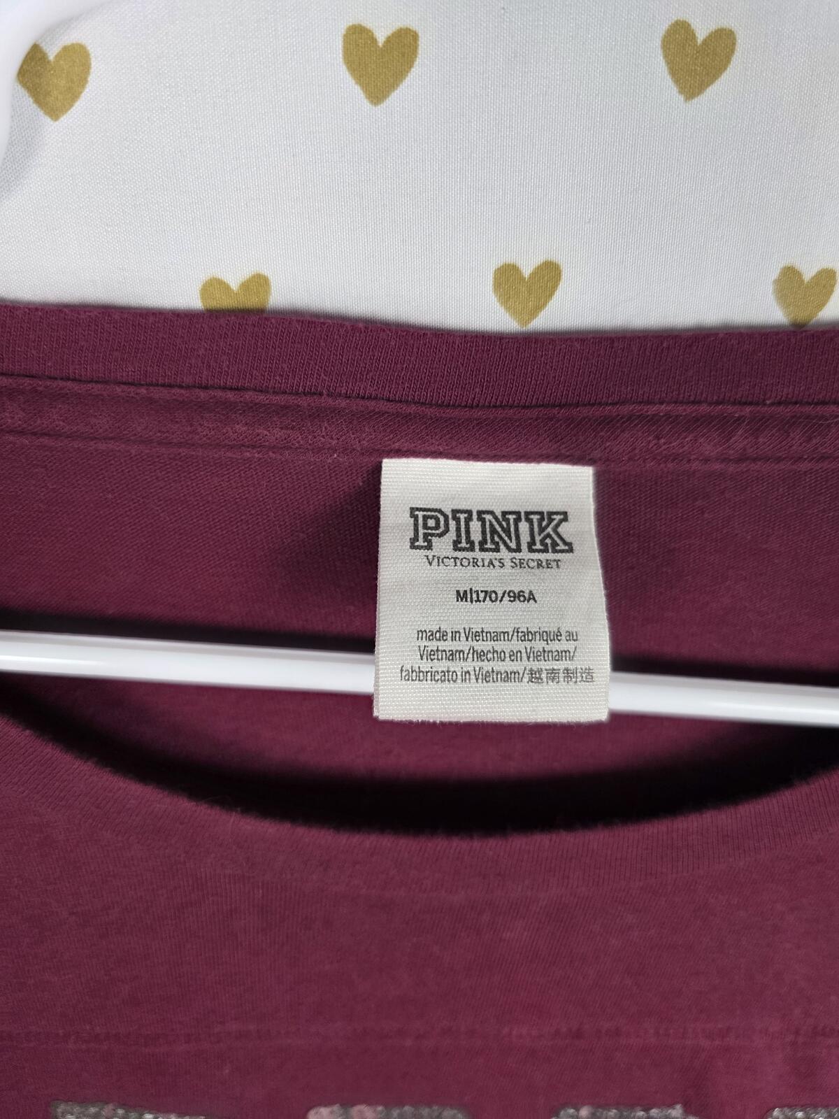 Victorias Secret PINK BLING Long Sleeve Logo Sequined Tee Shirt Maroon MEDIUM