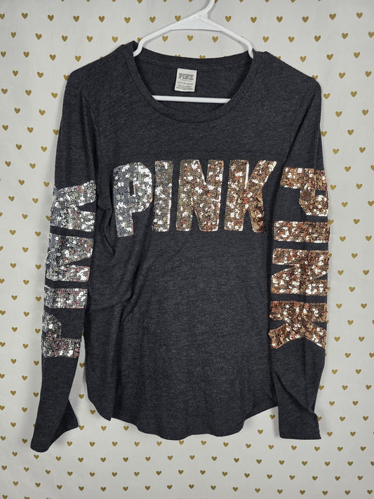 Victorias Secret PINK BLING GOLD SILVER Sequined Long Sleeve Tee Shirt XS