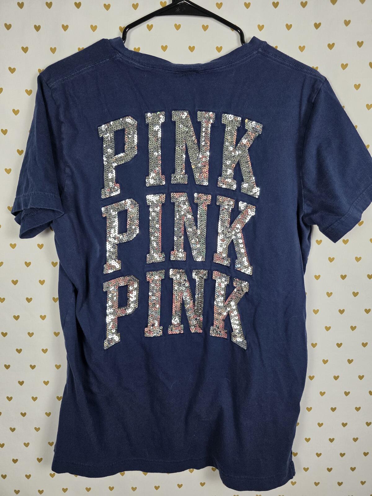 Victorias Secret PINK Blue BLING Sequined Logo Tee shirt SMALL Oversized