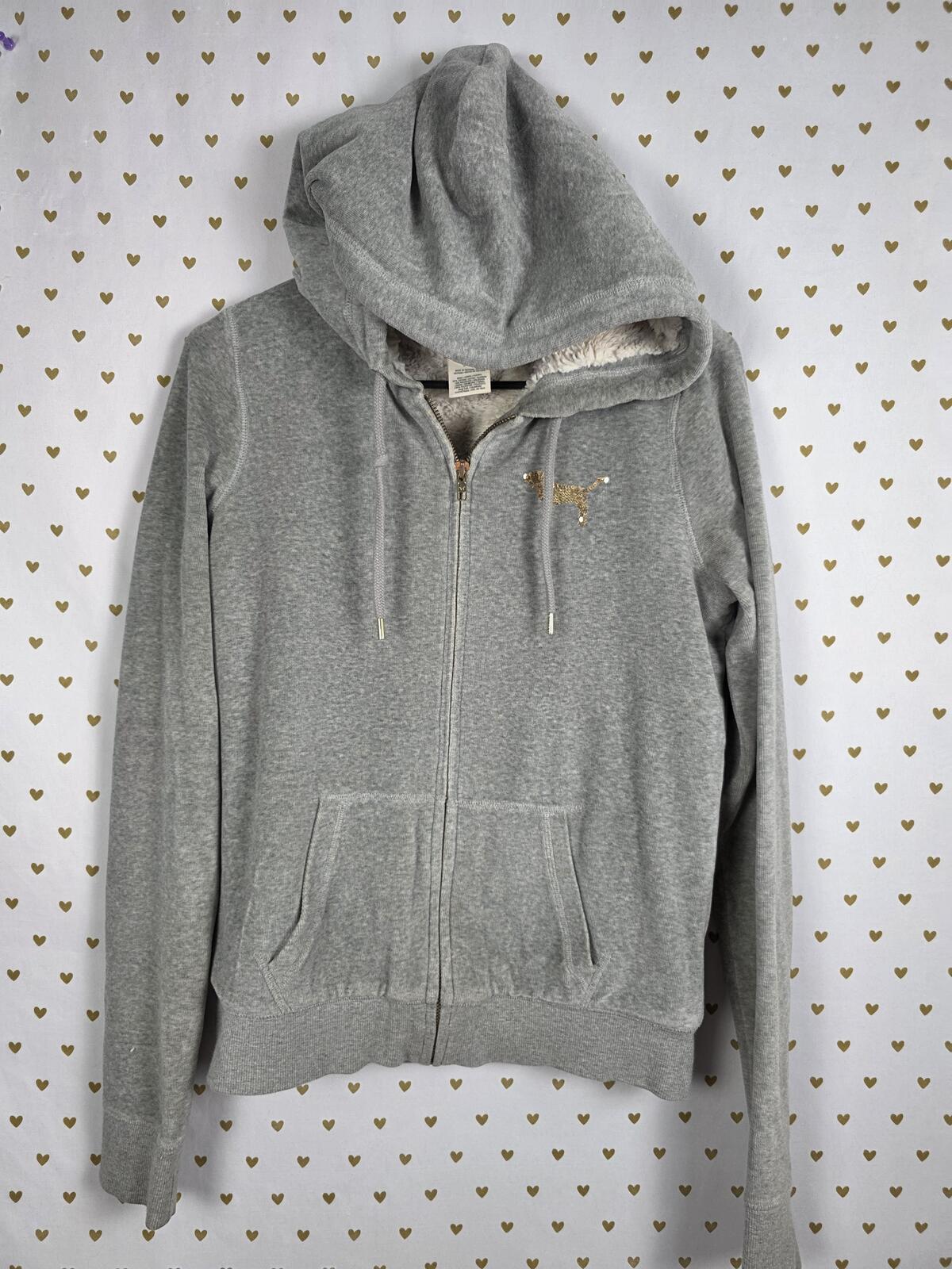 Victorias Secret Pink Grey VELOUR FUR LINED Hoodie Jacket BLING Gold Sequined S