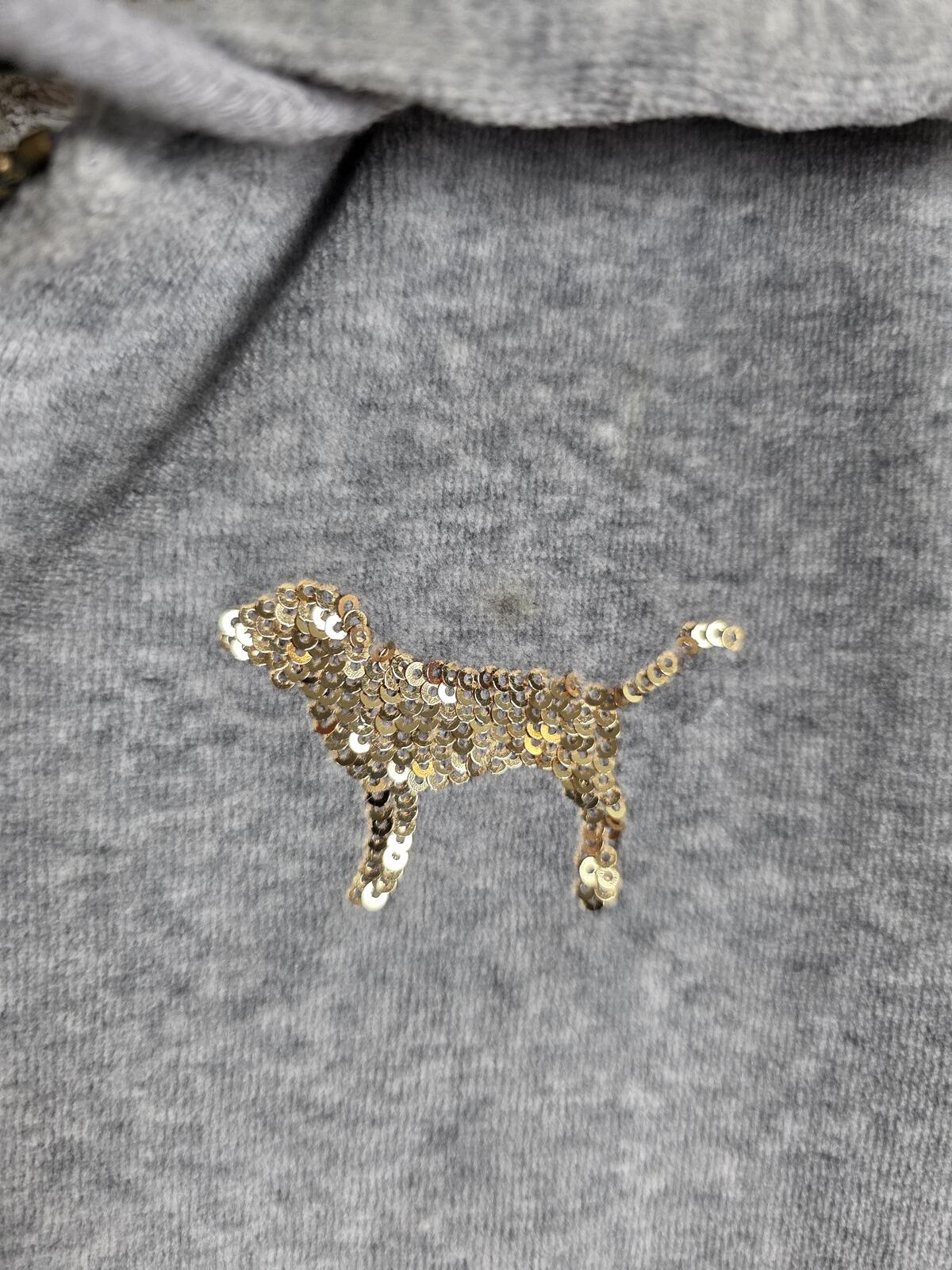 Victorias Secret Pink Grey VELOUR FUR LINED Hoodie Jacket BLING Gold Sequined S