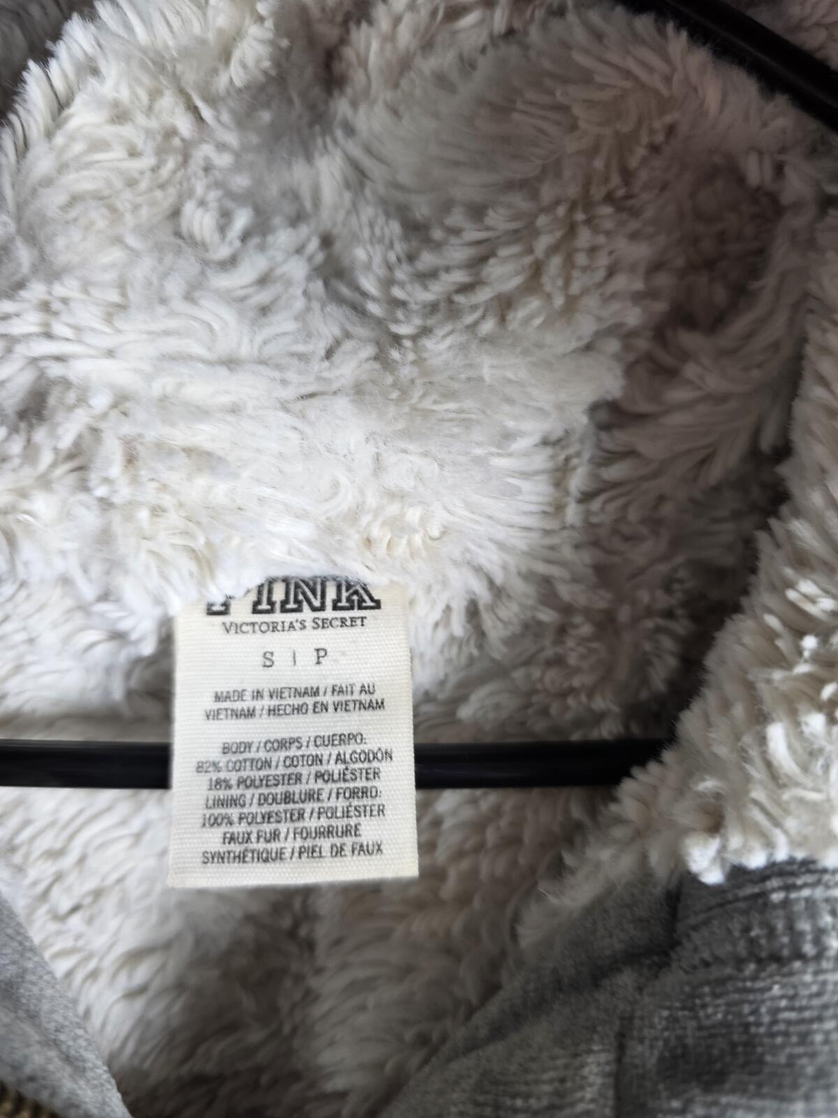 Victorias Secret Pink Grey VELOUR FUR LINED Hoodie Jacket BLING Gold Sequined S