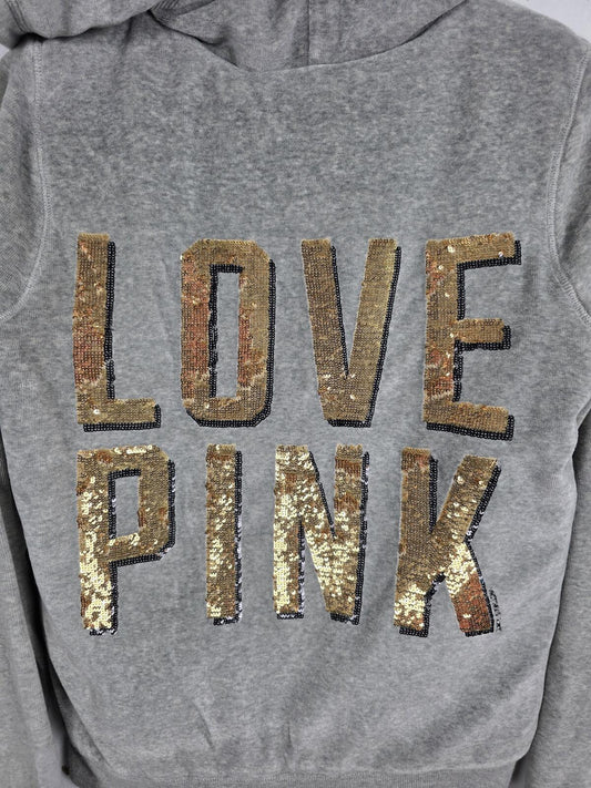 Victorias Secret Pink Grey VELOUR FUR LINED Hoodie Jacket BLING Gold Sequined S